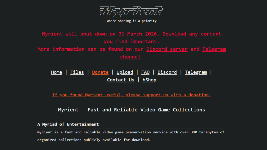 A screenshot of the Myrient website, showing its pending closure message.