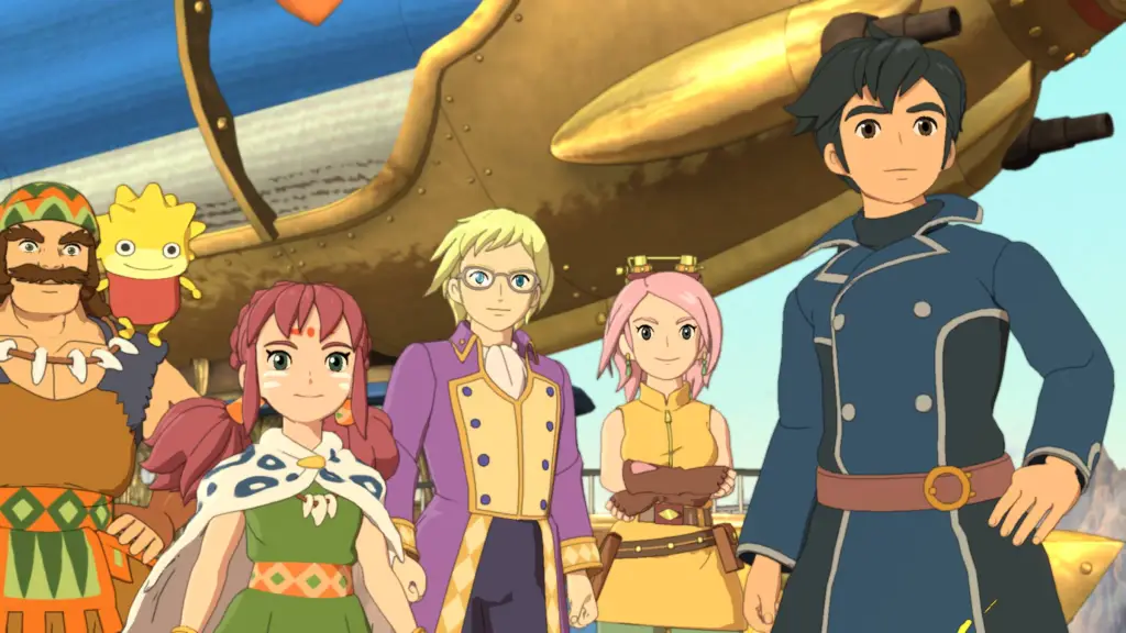 The cast of Ni No Kuni 2 stood next to an airship.
