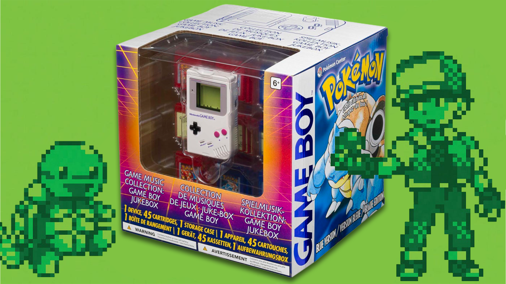 The Nintendo Game Boy Mini Jukebox over a green background with a Squirtle and Red.