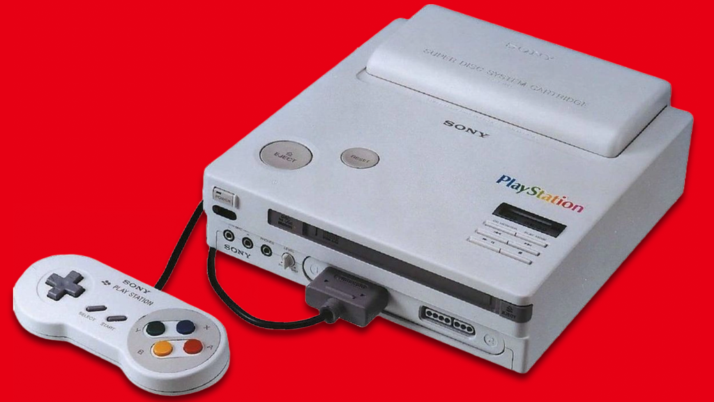 The Nintendo PlayStation over a red background.