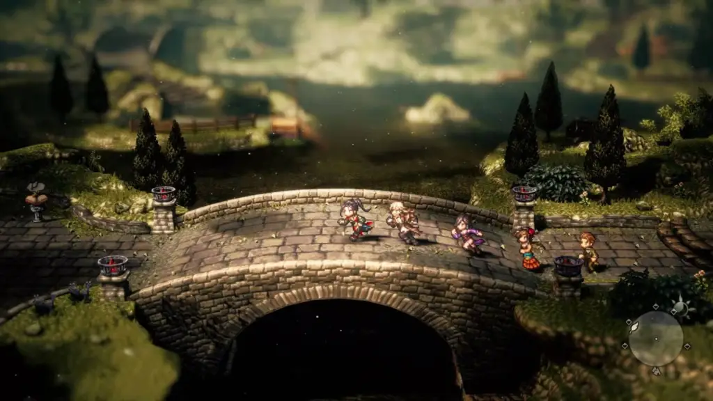 The cast of Octopath Traveler 2 running across a bridge.