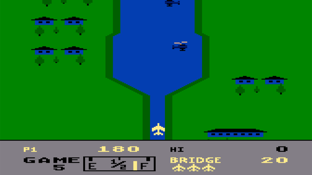 A screenshot from River Raid on the Atari 2600.