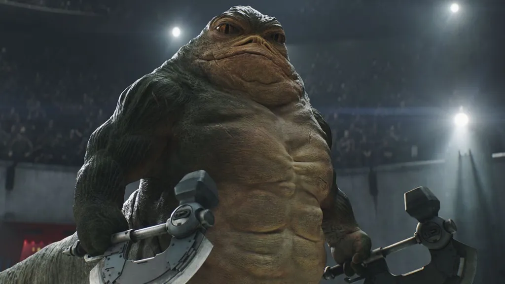 Rotta the Hutt in gladiator ring in Mandalorian and Grogu