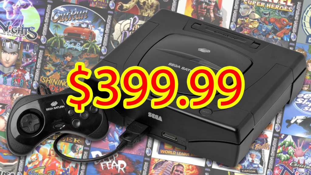 The Sega Saturn over a field of its games with its launch price of $399.99 emblazoned over its center.