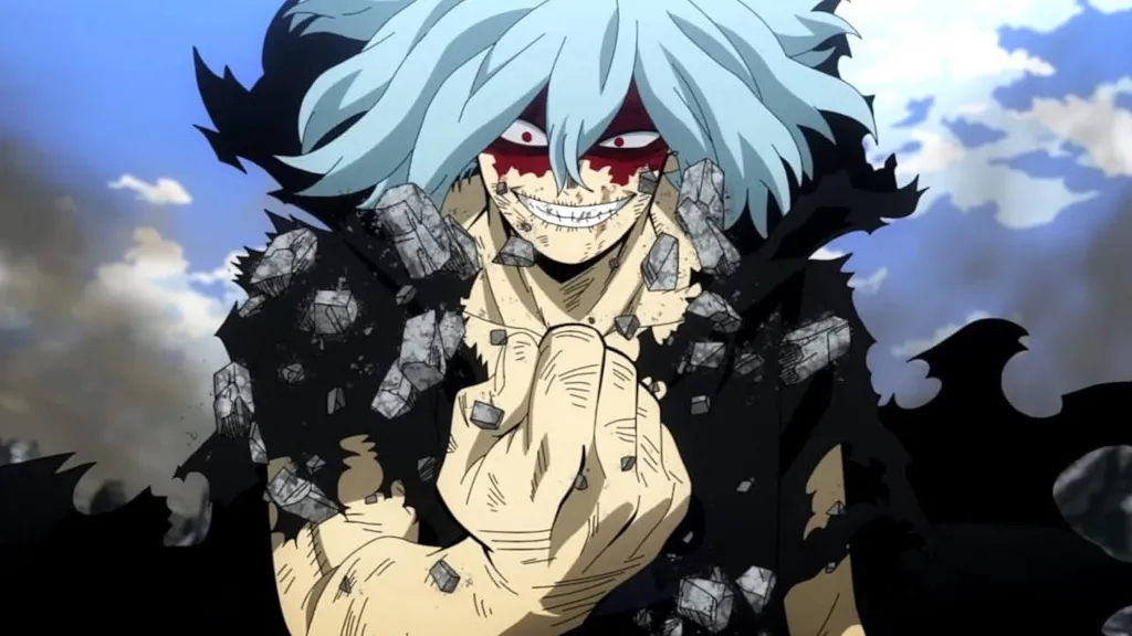 Shigaraki smiling and bloody while he fights Re-Destro in My Hero Academia