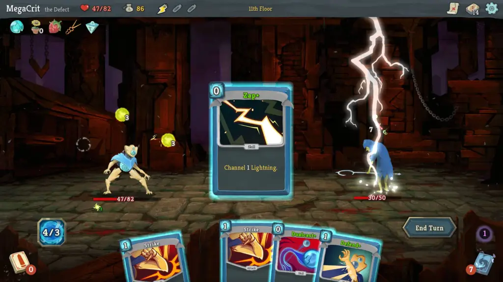 The player using a card in a battle in Slay the Spire.