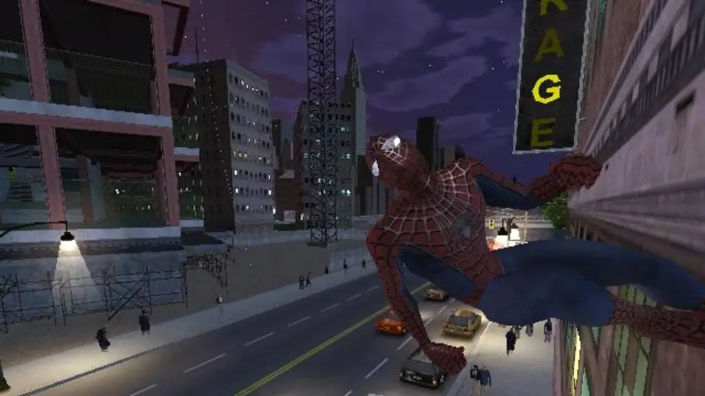 Spider-Man on the side of a building in the Spider-Man 2 video game.