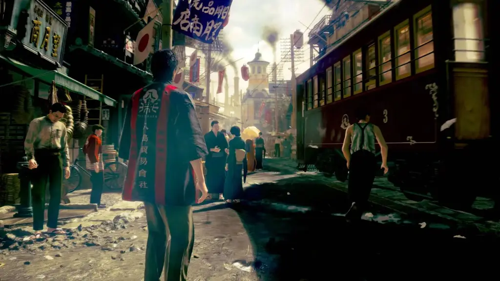 The player looking at a tram in Stranger Than Heaven