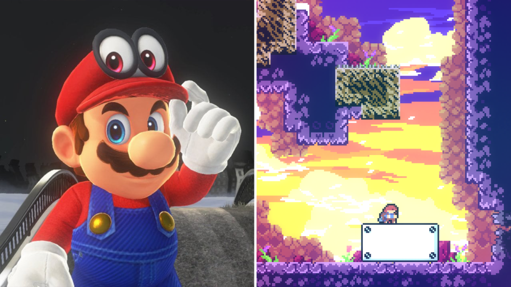 Screenshots from Super Mario Odyssey & Celeste.
