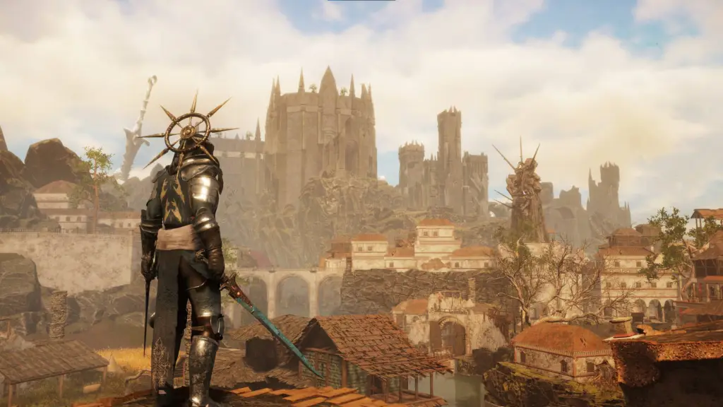 The player overlooking a city in Tainted Grail: The Fall Of Avalon