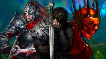 Henry from Kingdom Come: Deliverance holding a sword next to characters from Tainted Grail: Fall of Avalon and Dread Delusion