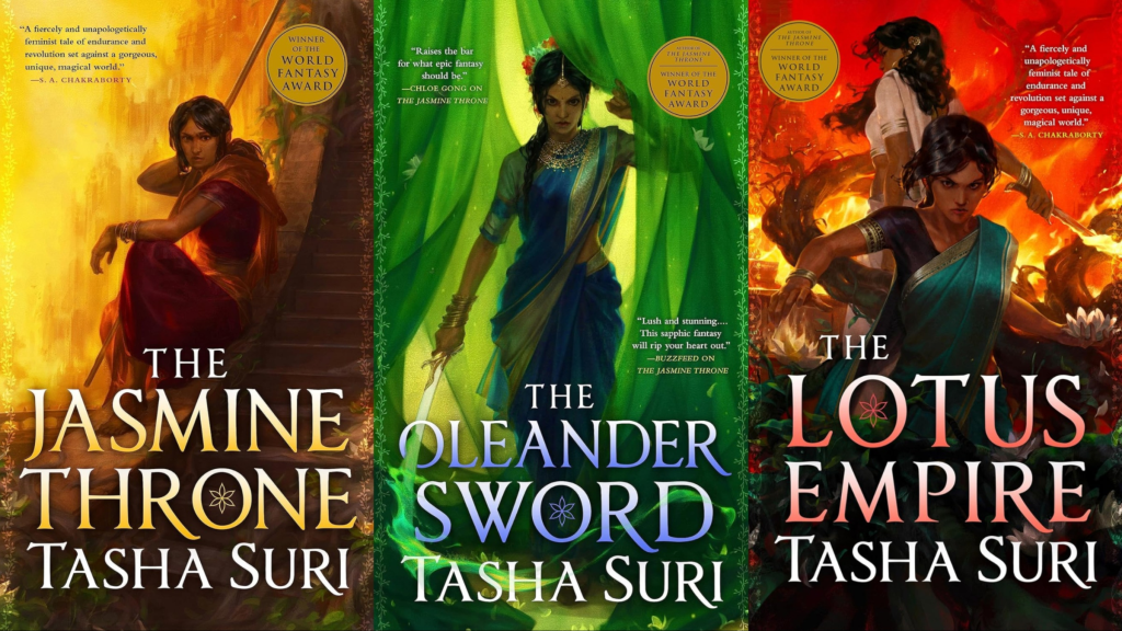 The covers of The Jasmine Throne, The Oleander Sword, and The Lotus Empire
