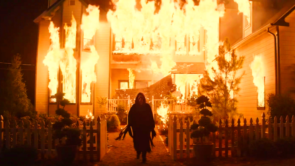 The Macher house on fire in Scream 7