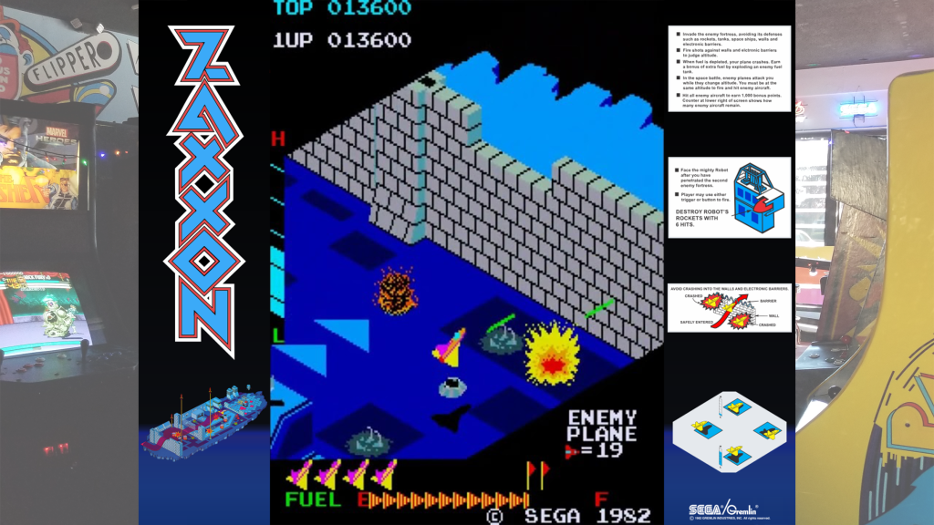 A screenshot from Zaxxon and arcade bezel art over a picture of Retrovolt Arcade.