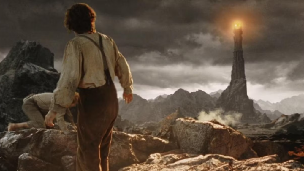 Frodo and Sam climbing Mount Doom in The Lord of the Rings