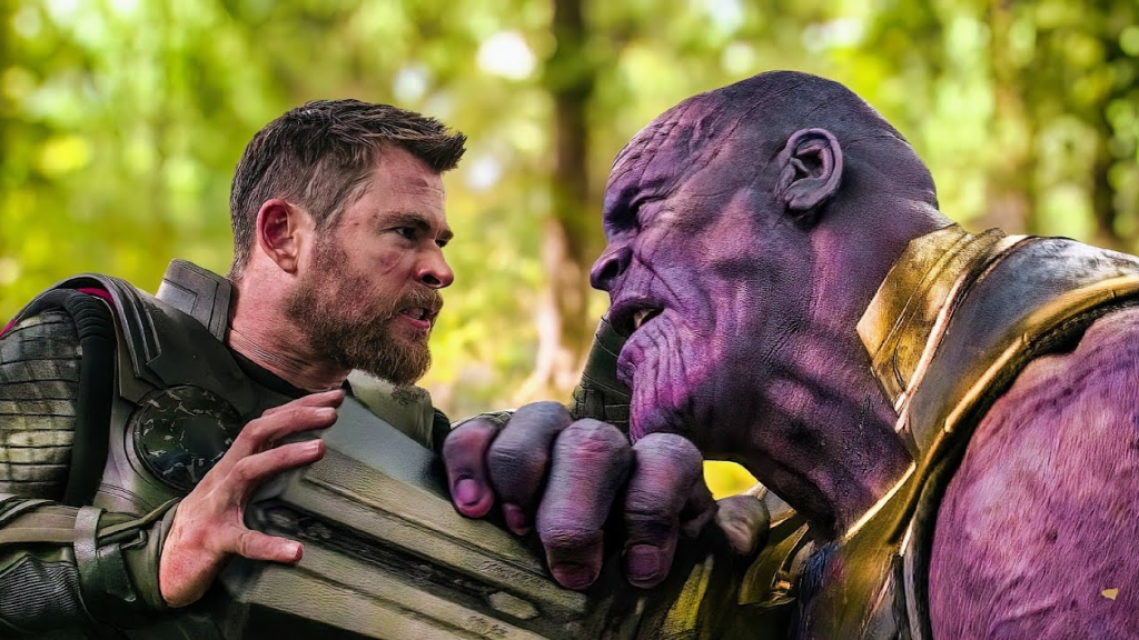 Thor fighting Thanos with Stormbreaker in the MCU