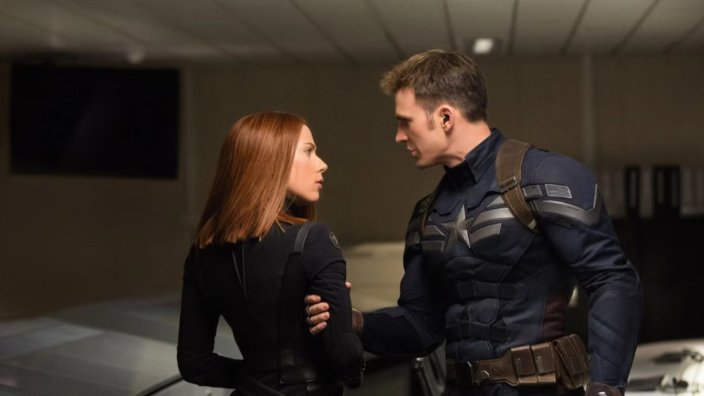 Black Widow and Captain America in Captain America: The Winter Soldier