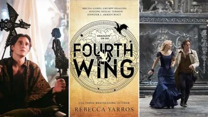 Collage of Fourth Wing book cover and fantasy movies