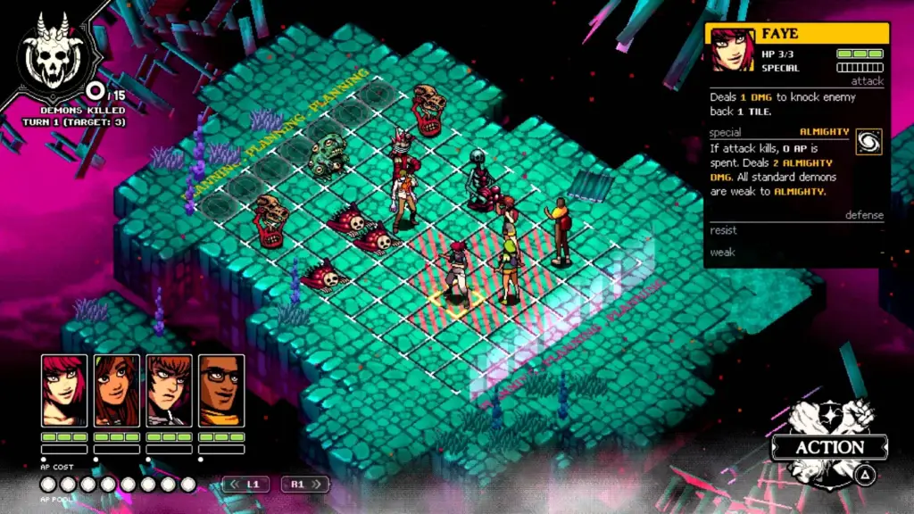 The player fighting a group of enemies on a green battlefield in Demonschool.