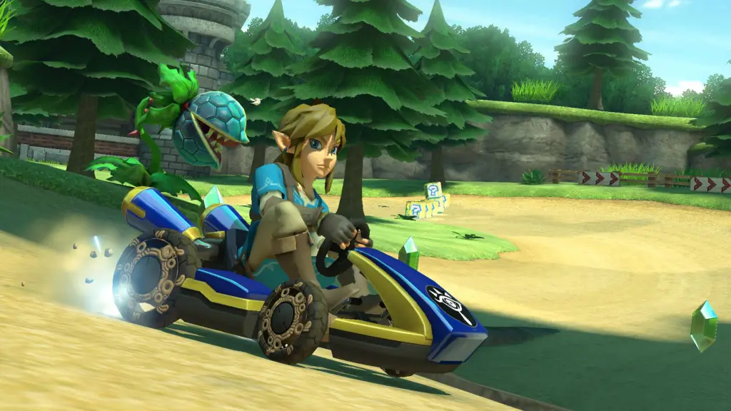 Link driving a kart through the Hyrule circuit track in Mario Kart 8.
