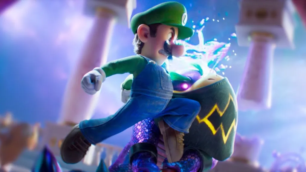 Luigi kicking Bowser Jr in The Super Mario Galaxy Movie